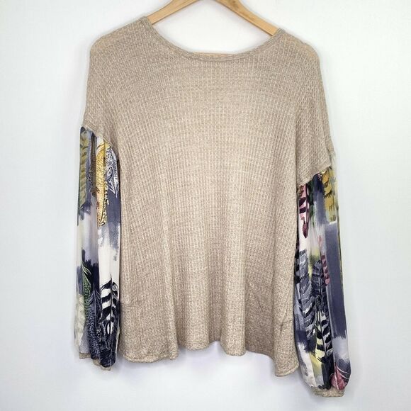 Cherish Boutique Cream Feather Print Open Back Sweater Women Small Boho - Picture 1 of 8